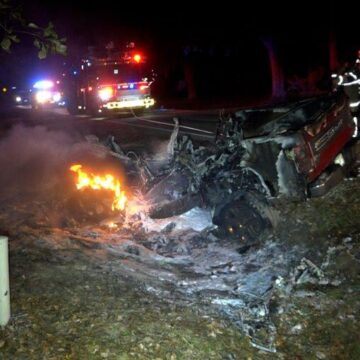 FORD PICKUP CRASHES AND BURSTS INTO FLAMES DRIVER CRITICAL TRUCK MELTED