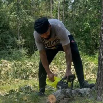 Steven Nelson, work crew pitching in after Hurricane Beryl, providing tree removal, storm damage cleanup services